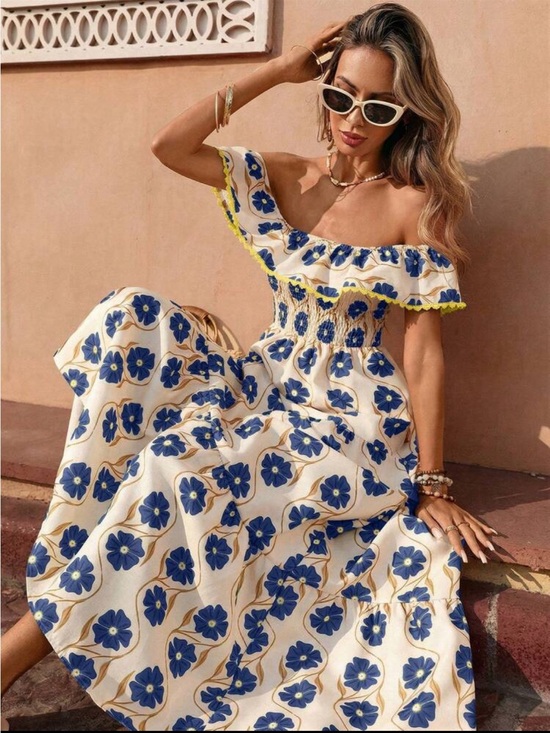 Flora Isola Dresses & Skirts - Smocked Off-Shoulder Floral Maxi Dress in White and Blue